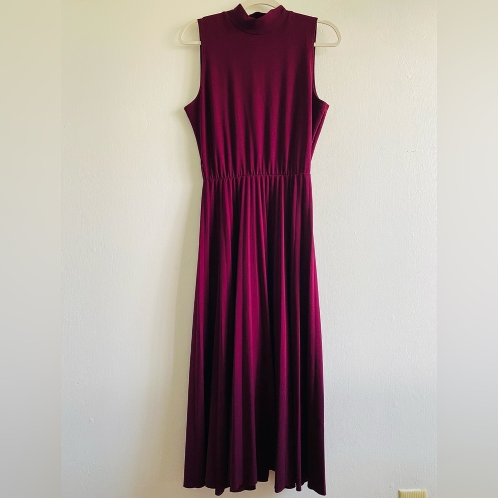 Burgundy Sleeveless Mock neck Midi Dress Pleated Size Medium